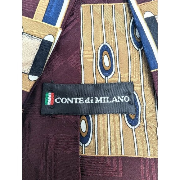 Conte di Milano Men Silk Necktie Burgundy Gold Geometric Standard 57 Inch - Picture 5 of 6